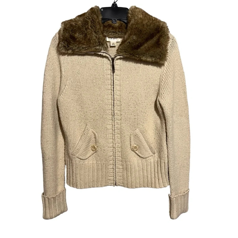 Ann Taylor Loft Womens Zip Cardigan Sweater Lambswool Faux Fur Collar Beige S - Picture 1 of 9